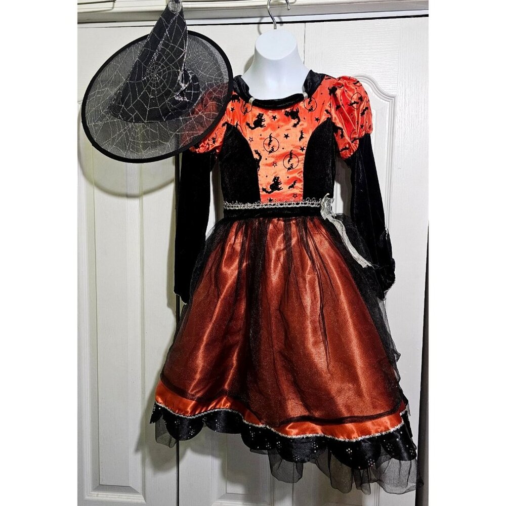 Rubies Party Witch Costume Girls 8-10 Orange Long Sleeve Velvet Dress Halloween